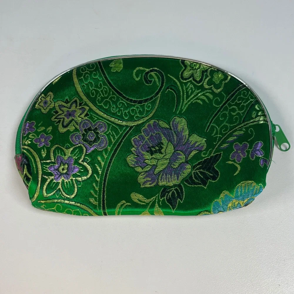 Unbranded Makeup Bag Green Womens Small Floral Brocade Satin Pouch Excellent